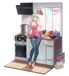  1girl absurdres administrator_(counter:side) alex_(counter:side) apron bangs bento braid counter:side day grey_hair hand_up highres holding holding_ladle indoors kitchen ladle long_hair looking_at_viewer machine-g.a.p. official_art pants petals picture_frame pink_apron pot red_eyes sleeveless sleeveless_sweater solo sweater transparent_background window 