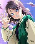  1girl absurdres black_shirt blue_eyes blush grin hand_up highres isami_don jacket light_brown_hair long_sleeves looking_at_viewer love_live! love_live!_sunshine!! open_clothes open_jacket shirt short_hair smile solo teeth upper_body watanabe_you waving 