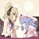  2girls ascot bangs bare_arms bare_shoulders bat_wings blue_hair blush bracelet chair closed_eyes cup dress earmuffs eating eyebrows_visible_through_hair feeding grey_background hair_between_eyes hat holding jewelry kochi_michikaze mob_cap multiple_girls neck_ribbon pink_shirt plate pointy_ears pointy_hair profile puffy_short_sleeves puffy_sleeves purple_ribbon red_ribbon remilia_scarlet ribbon shirt short_hair short_sleeves sitting sleeveless smile teacup touhou toyosatomimi_no_miko upper_body white_headwear white_shirt wings 