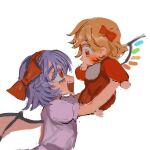  2girls baby bat_wings blonde_hair blush crystal crystal_wings fang fangs flandre_scarlet highres holding_baby multiple_girls purple_hair red_eyes red_ribbon remilia_scarlet ribbon short_hair siblings sisters touhou vampire white_background wings 