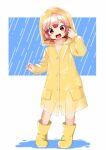  1girl bangs blush boots coat full_body kaiboukan_no._4_(kancolle) kantai_collection long_sleeves low_twintails nassukun open_mouth rain rain_boots raincoat red_eyes redhead see-through short_twintails simple_background solo standing twintails wet wet_clothes yellow_coat yellow_footwear 