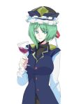 1girl alcohol asymmetrical_hair black_headwear black_skirt blue_eyes blue_headwear blue_vest bow breasts bright_pupils buttons cup drinking_glass epaulettes eyebrows_visible_through_hair frilled_hat frills green_hair hat holding holding_cup long_sleeves looking_at_viewer medium_breasts red_bow shiki_eiki shirt short_hair simple_background skirt smile solo tohoyuukarin touhou upper_body vest white_background white_bow white_pupils white_shirt wine wine_glass 
