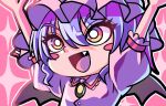  1girl arms_up bangs bat_wings blush brooch collared_shirt eyebrows_visible_through_hair fang happy jewelry looking_at_viewer maboroshi_mochi multicolored_eyes open_mouth purple_hair remilia_scarlet shirt short_hair solo touhou upper_body vampire wings 