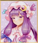  1girl bangs border closed_mouth crescent crescent_hat_ornament dress eyebrows_visible_through_hair face hair_ornament hat hat_ornament kageharu long_hair looking_at_viewer mob_cap patchouli_knowledge purple_hair red_ribbon ribbon shikishi sidelocks simple_background solo striped touhou traditional_media upper_body violet_eyes 