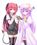  2girls :d absurdres black_legwear book bow crescent demon_tail dress hat head_wings highres holding holding_book koakuma long_hair long_sleeves looking_at_viewer mob_cap multiple_girls necktie open_mouth patchouli_knowledge purple_hair red_eyes redhead reimei_(r758120518) shirt skirt smile striped tail thigh-highs touhou very_long_hair vest violet_eyes white_background white_shirt wings zettai_ryouiki 