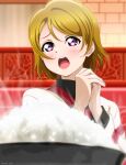  1girl absurdres blush bowl hands_up highres isami_don koizumi_hanayo light_brown_hair long_sleeves love_live! love_live!_school_idol_project open_mouth own_hands_together rice rice_bowl short_hair solo teeth upper_body upper_teeth violet_eyes 