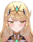  1girl bangs bare_shoulders blonde_hair blush close-up closed_mouth commentary dress earrings highres jewelry long_hair mythra_(xenoblade) simple_background solo taro_(peach_taro51) tiara unfinished white_background white_dress xenoblade_chronicles_(series) xenoblade_chronicles_2 yellow_eyes 