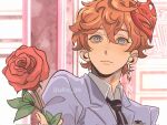  1boy blue_eyes blue_jacket blush earrings flower freckles genshin_impact highres holding holding_flower jacket jewelry jjulia_28 long_sleeves looking_at_viewer male_focus mask mask_on_head orange_hair ouran_high_school_host_club parody red_flower red_mask red_rose rose scene_reference school_uniform short_hair single_earring tartaglia_(genshin_impact) 