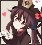  1girl :d =_= bangs black_border black_headwear border brown_background brown_eyes brown_hair brown_jacket commentary_request eyebrows_visible_through_hair fang flower-shaped_pupils genshin_impact ghost hair_between_eyes hands_up hat heart hu_tao_(genshin_impact) jacket jewelry long_sleeves looking_at_viewer mitya outside_border red_shirt ring shirt simple_background sleeves_past_wrists smile solo symbol-shaped_pupils twintails twitter_username upper_body 