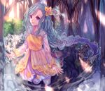  1girl :d artist_name bangs blue_hair braid commentary english_commentary eyebrows_visible_through_hair forest kobutanori long_hair long_sleeves looking_at_viewer nature original parted_bangs pond puffy_long_sleeves puffy_sleeves single_braid smile solo standing tree very_long_hair violet_eyes wading water 