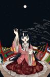  1girl :o abstract_background absurdres arm_up bangs black_background black_eyes black_hair black_sky clouds commentary commission egasumi floral_print frilled_shirt_collar frilled_skirt frills full_body full_moon highres hime_cut houraisan_kaguya leaf_print long_hair long_skirt long_sleeves looking_at_viewer looking_up moon neckerchief neruzou night night_sky open_mouth pink_shirt pixiv_request print_shirt print_skirt red_skirt seiza shirt sidelocks sitting skirt sky solo star_(sky) starry_sky touhou very_long_hair white_neckerchief wide_sleeves 