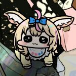  1girl :3 all_fours animal_ear_fluff animal_ears baby bib blonde_hair blue_bow bow chibi child closed_mouth commentary_request eyebrows_visible_through_hair fox_ears fox_girl hair_bow hololive jazz_jack long_sleeves looking_at_viewer lowres multicolored_hair omaru_polka pink_hair solo sparkling_eyes two-tone_hair virtual_youtuber yellow_sleeves 