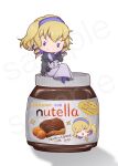  1girl bangs blonde_hair blue_eyes blue_hairband chibi constance_von_nuvelle fire_emblem fire_emblem:_three_houses grey_shirt grey_skirt hairband hand_fan highres holding holding_fan juliet_sleeves long_skirt long_sleeves looking_at_viewer nutella puffy_sleeves shadow shirt short_hair simple_background sitting skirt smile smkittykat solo white_background 