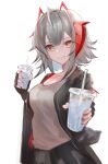  1girl absurdres antenna_hair arknights black_jacket collarbone commentary_request cup demon_horns eyebrows_visible_through_hair grey_hair grey_shirt highres holding holding_cup horns i_hinoe jacket open_clothes open_jacket open_mouth shirt short_hair smile solo w_(arknights) white_background 