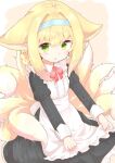  1girl :o alternate_costume animal_ear_fluff animal_ears apron arknights black_dress blonde_hair blue_hairband bow braid brown_background center_frills collared_dress commentary_request dress enmaided fox_ears fox_girl fox_tail frilled_apron frills hair_rings hairband juliet_sleeves kyuubi long_sleeves looking_at_viewer maid multicolored_hair multiple_tails parted_lips puffy_sleeves rano_u_rabe red_bow sidelocks solo suzuran_(arknights) tail twin_braids two-tone_background two-tone_hair white_apron white_background white_hair 