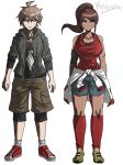  1boy 1girl absurdres ahoge alternate_costume artist_name asahina_aoi bandaid black_legwear black_shirt cargo_shorts clothes_around_waist danganronpa:_trigger_happy_havoc danganronpa_(series) dark-skinned_female dark_skin full_body futurexhope highres hood hoodie long_hair looking_at_viewer naegi_makoto older ponytail red_legwear shirt shoes shorts sneakers socks 