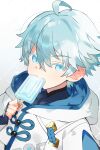  1boy ahoge argyle argyle_background bangs blue_eyes chongyun_(genshin_impact) commentary eating eyebrows_visible_through_hair food food_in_mouth genshin_impact grey_background highres hood hoodie light_blue_hair looking_at_viewer male_focus marui_shiro popsicle popsicle_in_mouth short_hair simple_background solo upper_body white_hoodie 