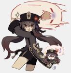  1225ka 1girl brown_hair chinese_clothes flower genshin_impact ghost hat highres hu_tao_(genshin_impact) long_hair looking_at_viewer open_mouth plum_blossoms porkpie_hat red_eyes reference_inset star-shaped_pupils star_(symbol) symbol-shaped_pupils white_background 