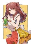 1girl apron bangs blue_shirt blush bow bracelet brown_eyes brown_hair commentary_request drinking_straw earrings food hair_bow hair_over_eyes hair_ribbon half_updo highres ice_cream ice_cream_float ikeuchi_tanuma jewelry looking_afar melon_soda multicolored_apron multicolored_clothes multicolored_skirt orange_skirt original parted_bangs parted_lips plaid plaid_apron plaid_shirt plaid_skirt red_apron red_bow red_nails red_ribbon ribbon shirt simple_background skirt sparkle twintails two_side_up white_apron yellow_skirt