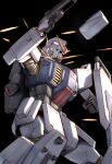  absurdres black_background blurry depth_of_field glowing glowing_eyes ground_gundam gundam gundam_08th_ms_team highres mecha no_humans shield simple_background solo standing takahashi_masaki v-fin 