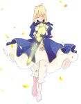  1girl 87banana ahoge artoria_pendragon_(fate) bangs barefoot blonde_hair blue_dress closed_eyes commentary_request dress excalibur_(fate/stay_night) fate/stay_night fate_(series) full_body holding holding_sheath long_sleeves looking_down petals saber sheath sidelocks simple_background smile solo white_background 