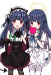  2girls angel_and_devil angel_wings ascot bangs black_ascot black_gloves black_legwear black_skirt blunt_bangs blunt_ends blush brooch center_frills covered_mouth dark_blue_hair demon_horns demon_tail demon_wings detached_sleeves dual_persona eluthel finger_to_mouth frilled_hairband frills gloves hairband half_updo halo highres horns idolmaster idolmaster_cinderella_girls jewelry like_and_retweet long_hair looking_at_viewer multiple_girls pantyhose petticoat red_eyes sajo_yukimi shirt shushing simple_background skirt smile tail two_side_up very_long_hair white_background white_legwear white_shirt white_skirt wings wrist_cuffs 