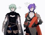  2girls alternate_hairstyle bangs black_coat black_shorts breasts bustier byleth_(fire_emblem) byleth_eisner_(female) coat fire_emblem fire_emblem:_three_houses fire_emblem_warriors:_three_hopes green_hair hair_between_eyes hair_ornament highres large_breasts looking_at_viewer medium_hair multiple_girls navel open_mouth oratoza pantyhose purple_hair scar shez_(fire_emblem) shez_(fire_emblem)_(female) short_hair shorts simple_background violet_eyes 