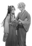  1boy 1girl absurdres arm_at_side bangs butterfly_hair_ornament closed_mouth crossed_arms egyuuu feet_out_of_frame greyscale hair_ornament hand_up highres holding holding_pinwheel holding_toy japanese_clothes kimetsu_no_yaiba kimono kochou_kanae long_hair long_sleeves looking_at_another looking_down looking_up monochrome obi parted_bangs pinwheel profile sash scar scar_on_arm scar_on_face scar_on_forehead scar_on_nose shinazugawa_sanemi short_hair simple_background smile standing toy very_long_hair wide_sleeves 