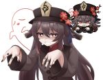  1girl absurdres black_nails brown_hair chinese_clothes flower genshin_impact ghost hat highres hu_tao_(genshin_impact) kirima_(user_danf8787) long_hair looking_at_viewer porkpie_hat red_eyes reference_inset star-shaped_pupils star_(symbol) symbol-shaped_pupils white_background 