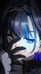  bangs blue_eyes blue_hair carorot4232 chain gloves hair_intakes hand_on_own_face hololive hololive_english ouro_kronii ribbon short_hair virtual_youtuber zipper 