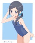  1girl aizawa_zawapo black_hair blue_background blue_swimsuit blush competition_school_swimsuit cowboy_shot dated healin&#039;_good_precure highres long_hair looking_at_viewer one-piece_swimsuit open_mouth precure sawaizumi_chiyu school_swimsuit scrunchie side_ponytail smile solo swimsuit white_background 