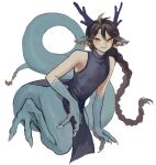  029bdpq 1boy ahoge androgynous animal_ears animal_feet animal_hands antlers blue_scales brown_hair claws digitigrade dragon_boy dragon_tail full_body highres kneeling long_hair looking_at_viewer male_focus monster_boy original pelvic_curtain scales side_slit sleeveless smile solo tail turtleneck white_background yellow_eyes 