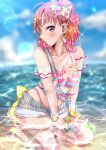 1girl a_chika-tastic_summer absurdres ahoge bangs barefoot bead_bracelet beads bikini blurry blurry_background blush bow bracelet breasts character_name clothes_writing collarbone commentary day diamond_earrings earrings eyebrows_visible_through_hair gradient_hair hair_bow hand_on_own_thigh highres holding holding_water_gun jewelry kneeling lens_flare looking_at_viewer love_live! love_live!_school_idol_festival_all_stars love_live!_sunshine!! medium_breasts multicolored_hair ocean off_shoulder open_fly orange_hair outdoors panda_copt parted_lips partially_submerged pink_bikini pink_hair pinstripe_pattern polka_dot polka_dot_bow profile red_eyes see-through see-through_shirt shallow_water short_hair short_shorts shorts solo sparkle striped striped_bikini striped_shorts swimsuit takami_chika vertical-striped_shorts vertical_stripes water water_gun yellow_bow