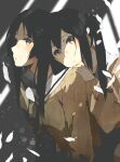  2girls akiyama_mio black_hair blush brown_eyes closed_mouth grey_eyes hand_on_another&#039;s_shoulder head_on_another&#039;s_shoulder head_rest highres k-on! kataru_(ubw-emiya) leaf light light_rays long_hair looking_at_viewer looking_to_the_side multiple_girls nakano_azusa open_mouth school_uniform twintails 