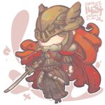  1girl artist_name blush breasts brown_skirt cape chibi covered_eyes dated elden_ring expressionless helmet highres holding holding_sword holding_weapon jr4rt malenia_blade_of_miquella open_hand red_cape redhead skirt small_breasts solo sword weapon 