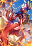  absurdres blurry closed_mouth clouds commentary_request fire from_below highres koraidon looking_down miraidon no_humans outdoors pokemon pokemon_(creature) ririri_(user_rkrv7838) sky standing wavy_mouth 