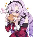  1girl 6tnut9 bangs breasts burger dress drill_hair eating food hair_between_eyes holding holding_food hyakumantenbara_salome large_breasts long_hair long_sleeves looking_at_food nail_polish nijisanji purple_hair red_dress red_nails simple_background solo sparkle translation_request upper_body violet_eyes virtual_youtuber white_background 