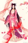  1girl barefoot black_hair branch brown_hair double_bun dress expressionless falling_petals full_body hair_bun hand_up highres lan_yan_lan_fei long_hair needle pale_background petals pink_dress qin_shi_ming_yue solo yanling_ji_(qin_shi_ming_yue) 