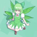  1girl alternate_color alternate_costume alternate_element alternate_wings arm_support bloodshot_eyes bow bowtie breasts brown_footwear burning cirno closed_mouth colored_sclera commentary dress drugged english_commentary full_body green_bow green_dress green_eyes green_hair green_wings hair_bow hapa_cirno highres leaf_wings loafers marijuana pinafore_dress profitshame puffy_short_sleeves puffy_sleeves red_bow red_bowtie revision shoes short_hair short_sleeves sitting small_breasts smirk smoke solo stoned touhou wings 