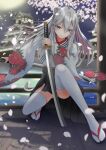  1girl absurdres ahoge animal_ears architecture blurry cherry_blossoms closed_mouth clothing_request commentary_request dual_wielding east_asian_architecture eyebrows_visible_through_hair floral_print full_body geta grey_eyes grey_hair hair_between_eyes highres holding holding_katana holding_sword holding_weapon hololive katana long_sleeves mira_bluesky3 moon night outdoors panties petals pink_hair railing shishiro_botan smile solo squatting sword thigh-highs thighs underwear virtual_youtuber weapon white_legwear white_panties wide_sleeves 