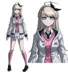  1girl ahoge black_footwear blonde_hair blue_eyes closed_mouth collared_shirt danganronpa_(series) full_body half_updo highres hood hoodie long_hair long_sleeves looking_at_viewer madxheza necktie original pink_legwear shirt skirt smile sprite sweater_vest upper_body 