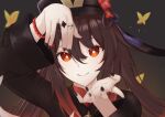  1girl black_nails brown_hair bug butterfly eyebrows_visible_through_hair flower genshin_impact gradient_hair hat hu_tao_(genshin_impact) jewelry looking_at_viewer multicolored_hair red_eyes ring simple_background star-shaped_pupils star_(symbol) symbol-shaped_pupils 