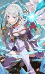  1girl alternate_costume armored_boots boots bow bowtie braid breasts butterfly_hair_ornament crystal detached_sleeves dress elf emilia_(re:zero) fur_trim hair_ornament highres long_hair looking_at_viewer magic medium_breasts official_art orange_bow orange_bowtie outdoors pointy_ears puffy_short_sleeves puffy_sleeves purple_dress purple_legwear re:zero_kara_hajimeru_isekai_seikatsu short_sleeves thigh_boots violet_eyes white_hair 