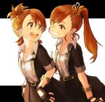  2girls belt blush brown_eyes brown_hair earrings fingerless_gloves flat_chest futami_ami futami_mami gloves hair_ornament highres idolmaster jewelry lady_grisaille_(idolmaster) long_hair mappy_(minogue) multiple_girls open_mouth short_hair siblings side_ponytail sisters smile twins 