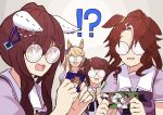  !? 4girls absurdres animal_ears blonde_hair blue_hair brown_hair cellphone coke-bottle_glasses daitaku_helios_(umamusume) ears_down glasses gold_city_(umamusume) highres holding holding_phone horse_ears horse_girl long_hair mejiro_palmer_(umamusume) multicolored_hair multiple_girls open_mouth petoka phone puffy_short_sleeves puffy_sleeves sailor_collar sailor_shirt school_uniform serafuku shirt short_sleeves smartphone streaked_hair summer_uniform tosen_jordan_(umamusume) tracen_school_uniform two-tone_hair umamusume white_hair yellow_eyes 