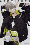  1boy arene_(arknights) arene_(casual)_(arknights) arknights arms_up bangs black_choker black_coat black_pants chinikuniku choker closed_mouth coat copyright_name dated green_eyes grey_background grey_hair hair_between_eyes hair_over_one_eye highres long_sleeves looking_at_viewer male_focus pants pouch shirt simple_background solo twitter_username 