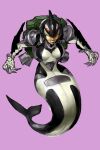  1girl absurdres black_eyes breasts claws clenched_teeth english_commentary highres looking_ahead makoto_ono medium_breasts mermaid monster_girl open_hands original purple_background solo teeth transformers visor 