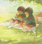  2others androgynous apple bangs basket blanket blue_sweater brown_hair brown_shorts chara_(undertale) child chinese_commentary closed_eyes commentary_request day feisekong286 food frisk_(undertale) fruit full_body grass green_sweater highres holding holding_notebook holding_pen leaf long_sleeves multiple_others notebook open_mouth outdoors pen picnic picnic_basket red_eyes short_hair shorts sitting smile socks sweater turtleneck turtleneck_sweater undertale white_legwear yokozuwari 