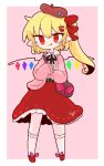  1girl blonde_hair bow chibi eyebrows_behind_hair fang fang_out flandre_scarlet full_body hair_ornament hairclip hat highres legs_apart long_hair long_sleeves looking_at_viewer op_na_yarou pink_background pointy_ears red_bow red_eyes red_footwear red_skirt ribbon shirt simple_background skirt sleeves_past_wrists smile solo touhou white_legwear wings 