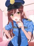  1girl :o absurdres blue_shirt hand_on_hip hands_on_own_chin hat highres idolmaster idolmaster_shiny_colors indoors looking_at_viewer loose_necktie monochrome_background necktie osaki_amana police police_hat police_uniform policewoman redhead shic0i shirt solo uniform yellow_eyes 